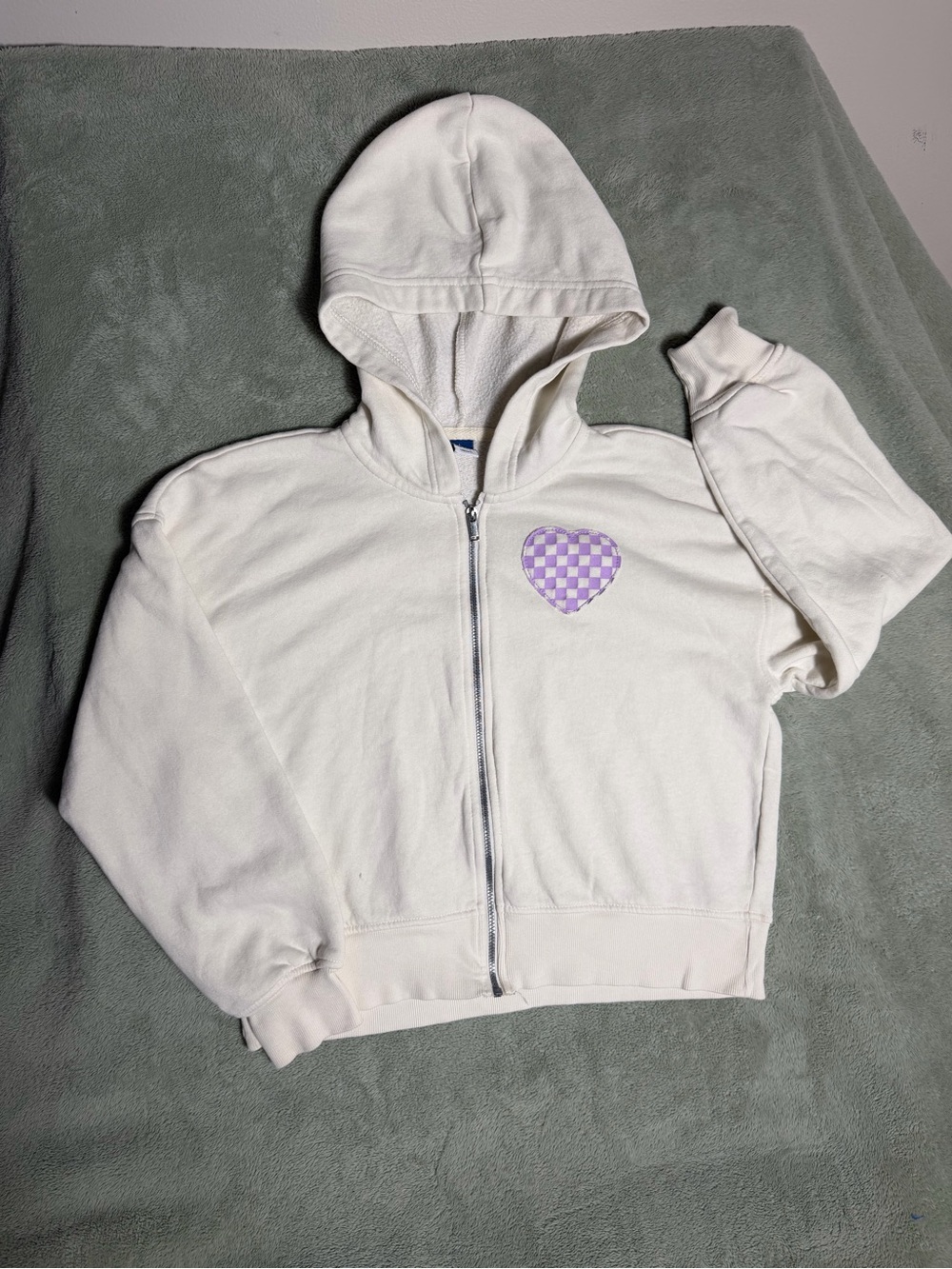 Old Navy Cream Zip-Up Hoodie with Lavender Checkerboard Heart